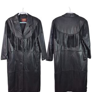 Pioneer Wear Black Leather Fringe Long Vintage Western Coat Women's Medium